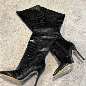 2B Bebe Black Croc-Embossed Heeled Boots over theknee
